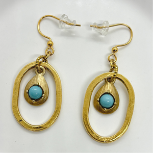 Gold & Turquoise Dangle Oval Hoops