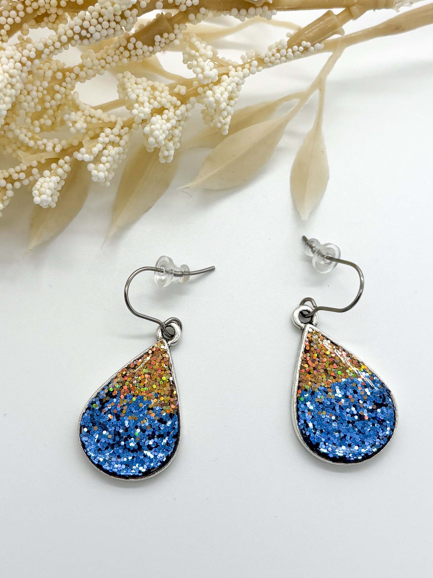 Blue & Gold Glitter Teardrop Earrings