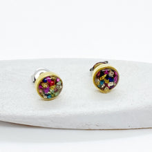 Multi Color Round Gold Studs: Colorful Everyday Earrings, Rainbow Mosaic Posts (Hypoallergenic)
