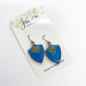 One of a Kind -Blue Sheild Dangle Earrings