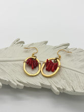 Red and Gold Oval Dangle Hoops: Western Handcrafted Earrings, Birthday Gift for Friend
