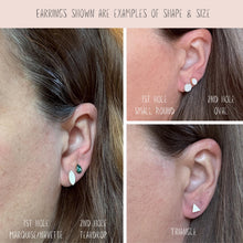 A collage of three photos showing earrings worn on an ear to demonstrate shape and scale. The large left panel shows a white marquise/navette stud in the first hole and a dark green teardrop stud in the second hole. The top right panel features a small white round stud in the first hole and a small white oval stud in the second hole. The bottom right panel shows a white triangle stud in the first hole. Banner at the top reads earrings shown are examples of shape & sizes.
