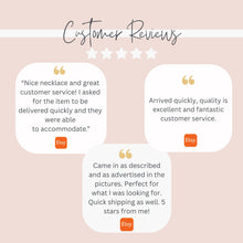 Displays a graphic for "Customer Reviews" over a soft pink background with five white stars. Three white speech bubbles feature five-star Etsy reviews. The reviews praise great customer service, fast shipping, and excellent quality, with notes like "Nice necklace and great customer service!" and "Came in as described and as advertised in the pictures."