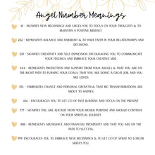 A photo titled "Angel Number Meanings" in elegant black cursive. It lists meanings alongside small gold hearts: 111 (New beginnings), 222 (Balance & harmony), 333 (Creativity), 444 (Protection & support), 555 (Change & growth), 666 (Focus on the present), 777 (Spiritual alignment), 888 (Abundance & prosperity), and 999 (Embrace new beginnings). Gold floral line art decorates the top corners against a clean white background.