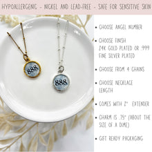 Showcases customizable angel number necklaces resting on a glossy white ceramic dish. The pink top banner reads "HYPOALLERGENIC - NICKEL AND LEAD-FREE - SAFE FOR SENSITIVE SKIN." On the dish, a gold and a silver necklace feature circular pendants with the number "888" over a blue watercolor background. Text on the right outlines product options, including a 24K gold or .999 fine silver finish, 4 chain styles, and gift-ready packaging.