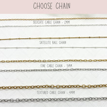 A photo titled "CHOOSE CHAIN" for necklace, with pairs of gold and silver chains shown against a textured white background. From top to bottom, the labels indicate: Delicate Cable Chain - 2mm, Satellite Ball Chain, Fine Cable Chain - 3mm, and Textured Cable Chain - 4mm. Each option displays the 24K gold plated finish & .999 fine silver-plated finish.