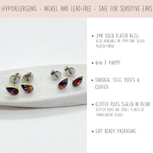 Product info graphic for hypoallergenic teardrop stud earrings. Left shows two pairs of small 6.6x4.6mm colorful glitter glass resin earrings—one pair with 24K gold plated bezels, one with .999 fine silver plated. Both have surgical steel posts. Right text details they are nickel & lead-free, safe for sensitive ears, feature translucent glass "Glitter Roxs" sealed in resin, and come in gift ready packaging. Perfect dainty handmade gifts for her.