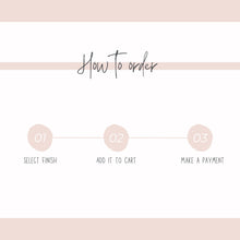 A minimalist "How To order" infographic with a soft pink and white color palette. The graphic displays three horizontal steps connected by a line: 01 SELECT FINISH, 02 ADD IT TO CART, and 03 MAKE A PAYMENT.