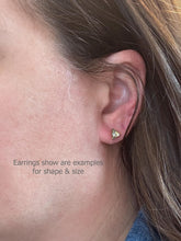 A side profile model photo showing the size and fit of a tiny geometric triangle stud earring on an ear lobe. Text overlay reads "Earrings show are examples for shape & size." Ideal for listing photos to showcase dainty minimalist earrings, small everyday studs, and boho jewelry gifts for her.