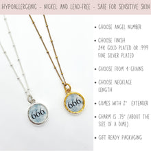 Customizable angel number necklaces. The top banner reads, "HYPOALLERGENIC - NICKEL & LEAD-FREE - SAFE FOR SENSITIVE SKIN." On the left, a silver and a gold satellite chain necklace are shown, each with a circular charm displaying the number "666" over a light blue watercolor background. The right side lists features: Choose angel number, choose finish (24K gold plated or .999 fine silver plated), choose from 4 chains, choose length, comes with 2" extender, .75" cha