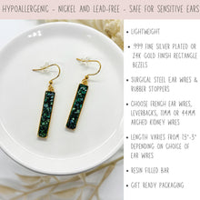 An infographic product graphic showing dark teal bar dangle earrings on a white dish, alongside text details. Top banner reads: "Hypoallergenic - Nickel and Lead-Free - Safe for Sensitive Ears." Bullet points note: lightweight, .999 fine silver or 24K gold finish rectangle bezels, surgical steel ear wires with rubber stoppers, a choice of French ear wires, leverbacks, or 11mm/44mm arched kidney wires, length varies from 1.5"-3", resin filled bar, and gift-ready packaging.