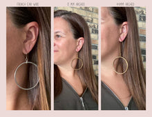 A side-by-side comparison infographic shows three ear wire styles on a model wearing large hammered hoop earrings. The first panel showcases a silver hoop with a classic "French Ear Wire." The middle panel shows a gold hoop with a medium-length "11 mm Arched" wire. The third panel highlights a gold hoop hanging from a long, dramatic "44mm Arched" wire hook. The clean, pink-toned banner at the top labels each distinct style for easy selection.