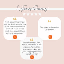 "Customer Reviews" infographic for handmade jewelry featuring a 5-star rating icon on a soft cream and dusty pink background. Three white quote boxes display positive Etsy buyer feedback praising "beautiful earrings," "tiny studs," quick shipping, and items being "even prettier in person." This review highlight image builds trust for unique handmade gifts, minimalist everyday earrings, and small business customer service.