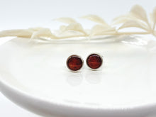 Pair of tiny round geometric post earrings with a silver bezel and shimmering dark brown resin inlay, displayed facing forward on a glossy white ceramic surface with a soft-focus white branch in the background.