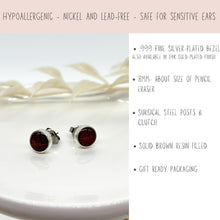 Jewelry infographic featuring small round silver-plated stud earrings filled with solid brown resin. Text highlights that they are hypoallergenic, nickel-free, and lead-free. Bullet points specify an 8mm size (comparable to a pencil eraser), surgical steel posts and clutch hardware, a .999 fine silver bezel with a 24k gold option, and gift-ready packaging.
