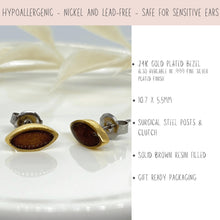 Jewelry product graphic showing brown resin marquise stud earrings. Top text highlights "Hypoallergenic, nickel and lead-free, safe for sensitive ears." Side text bullet points specify a 24K gold plated bezel (or .999 fine silver), 10.7 x 5.5mm dimensions, surgical steel posts and clutch, solid brown resin fill, and gift-ready packaging.