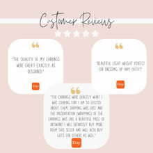 An infographic titled "Customer Reviews" with a five-star rating on a pink and white background. Three white quote bubbles feature positive Etsy reviews. Left review: "The quality of my earrings were great! Exactly as described." Right review: "Beautiful light weight perfect for dressing up any outfit." Bottom review praises the earrings, fast shipping, and beautiful, artwork-like wrapping, concluding that they will buy more for themselves and as gifts.