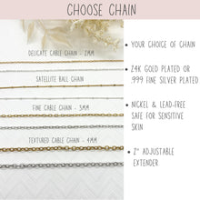 A graphic titled "CHOOSE CHAIN" displaying jewelry chain options. The left side shows close-ups of gold and silver chains labeled Delicate Cable Chain (2mm), Satellite Ball Chain, Fine Cable Chain (3mm), and Textured Cable Chain (4mm). Bullet points on the right outline features: 24K Gold Plated or .999 Fine Silver Plated, nickel & lead-free for sensitive skin, length options of 18-20", 24", or 30", and a 2" adjustable extender (18-20" only).