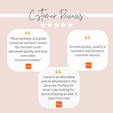 A customer review graphic titled "Customer Reviews" with five white stars set against a soft blush pink background. Three white review cards display quotes praising fast shipping, excellent quality, and accommodating customer service, each marked with an orange Etsy logo at the bottom.
