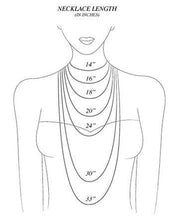 Necklace length size guide illustration showing where different chain lengths rest on a woman's torso. Header text reads "NECKLACE LENGTH (IN INCHES)" at the top. The black and white line drawing illustrates seven standard chain lengths in inches: 14", 16", 18", 20", 24", 30", and 33", ranging from high collarbone level down to the mid-chest area.