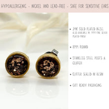 Product graphic for 8mm round glitter stud earrings. A light pink top banner reads: "HYPOALLERGENIC - NICKEL AND LEAD-FREE - SAFE FOR SENSITIVE EARS." Left side displays gold-plated stud earrings filled with bronze glitter sealed in resin. Right side lists bullet points: 24K gold plated bezel (also in .999 fine silver), 8mm round, stainless steel posts & clutch, glitter sealed in resin, and gift ready packaging.