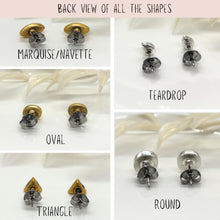 Product graphic titled "BACK VIEW OF ALL THE SHAPES" on a light pink banner. Grid shows rear views of stainless steel posts and butterfly clutch backs on five earring bezel styles: gold Marquise/Navette, gold Oval, and gold Triangle on the left; silver Teardrop and silver Round on the right.