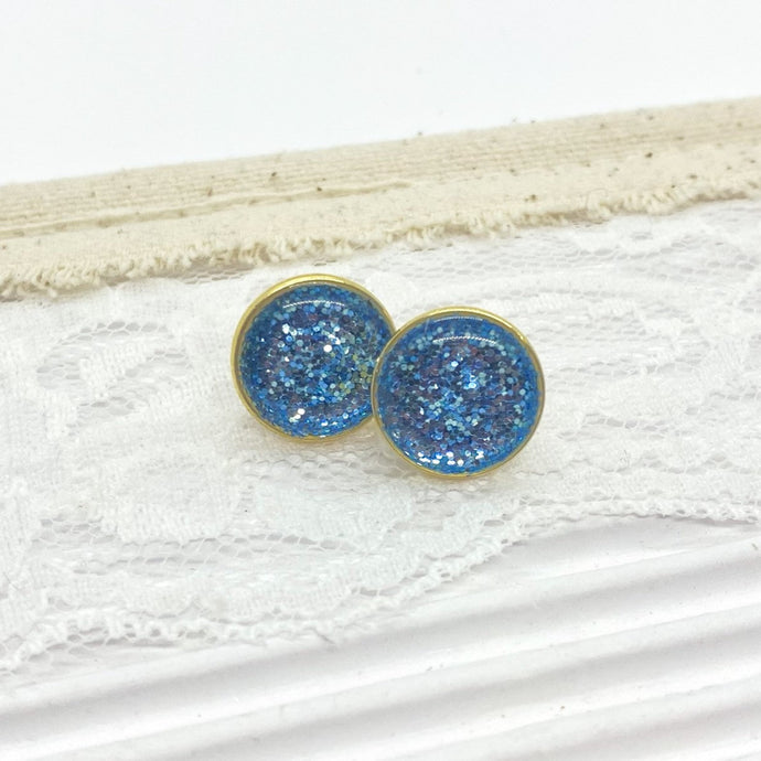 Blue Glitter Round Stud Earrings