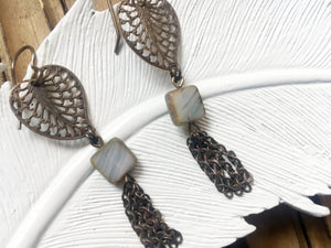 Brass Leaf Chain Tassel Earrings